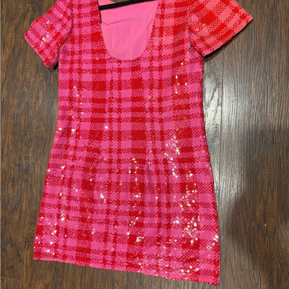 Pink and Red Plaid Sequin Dress